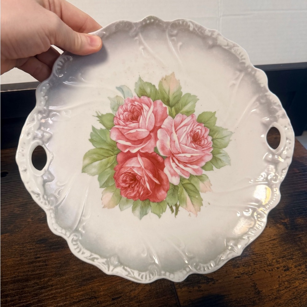 Vintage German Porcelain Cabbage Rose/Green Lusterware Double Handled Plate